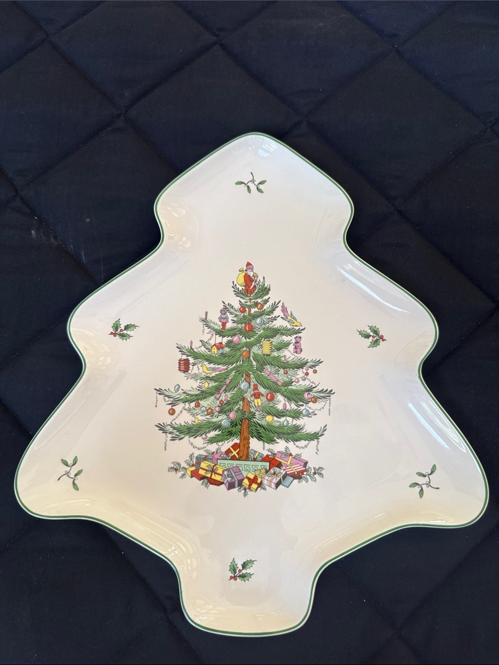 14” Holiday Tree Shaped Serving Platter in White with Green Trim